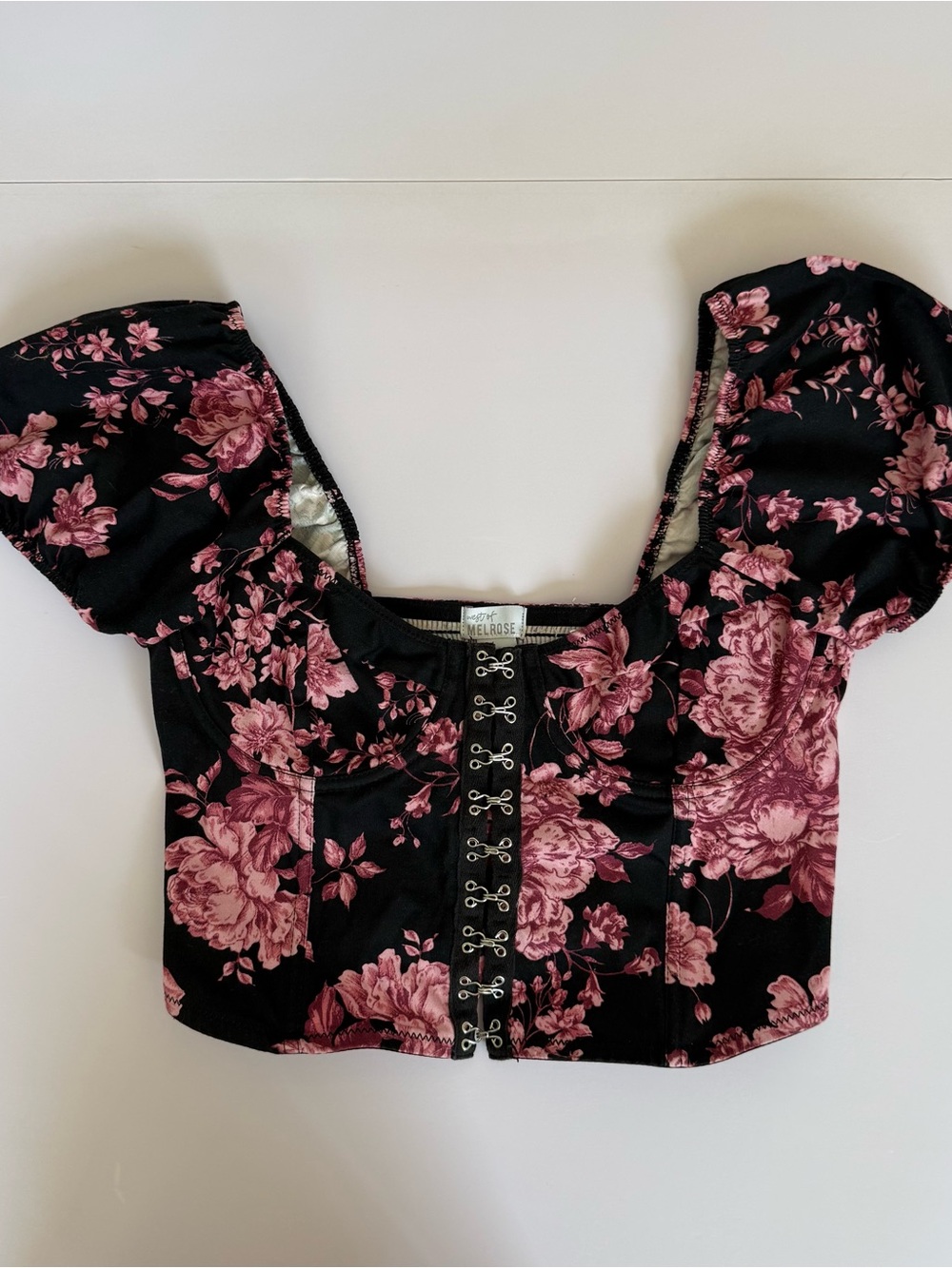 West of Melrose Crop Top Whimsigoth Womens XS Floral Hook Eye Front Smocked Y2K